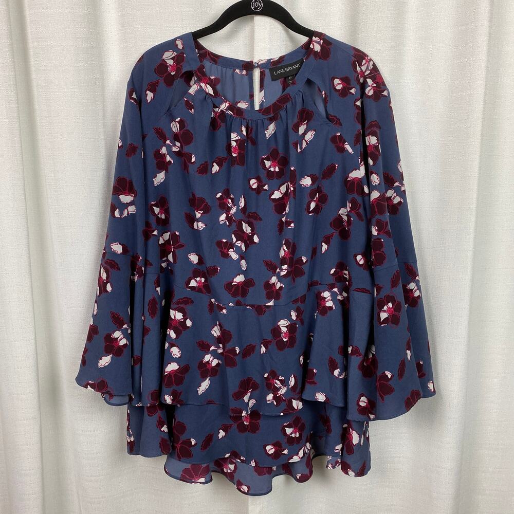 Lane Bryant Blue&Red Floral Babydoll Ruffle Hem Trumpet Sleeve Blouse Sz.22W